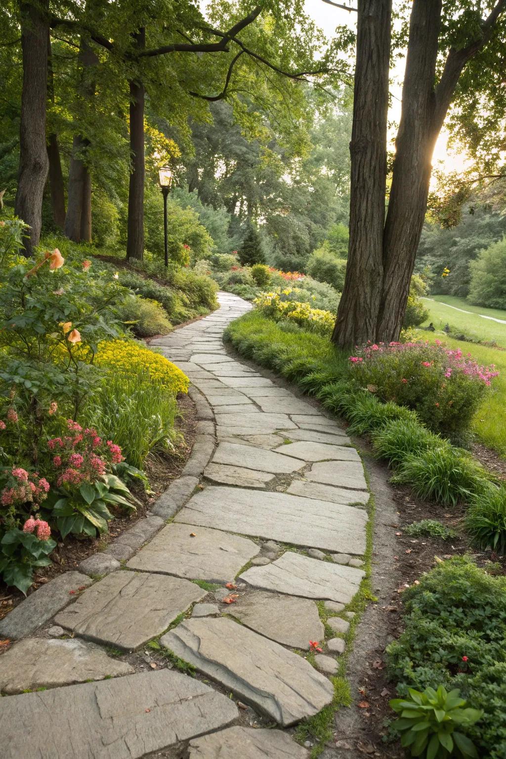 A stone pathway introduces character and guides visitors gracefully through your sidewalk garden.