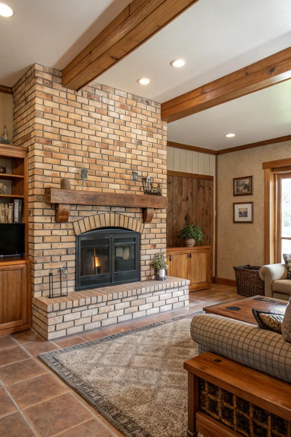 Simulated brick rectangle tiles enhance the rustic charm of this welcoming space.