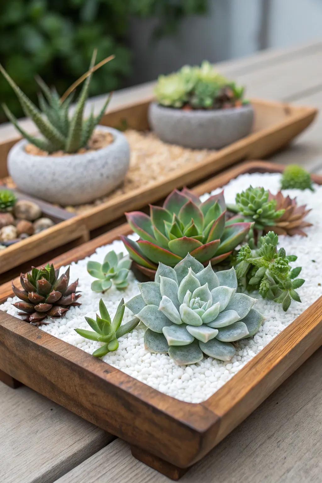 A tranquil, zen-inspired succulent arrangement enhanced with gravel elements.