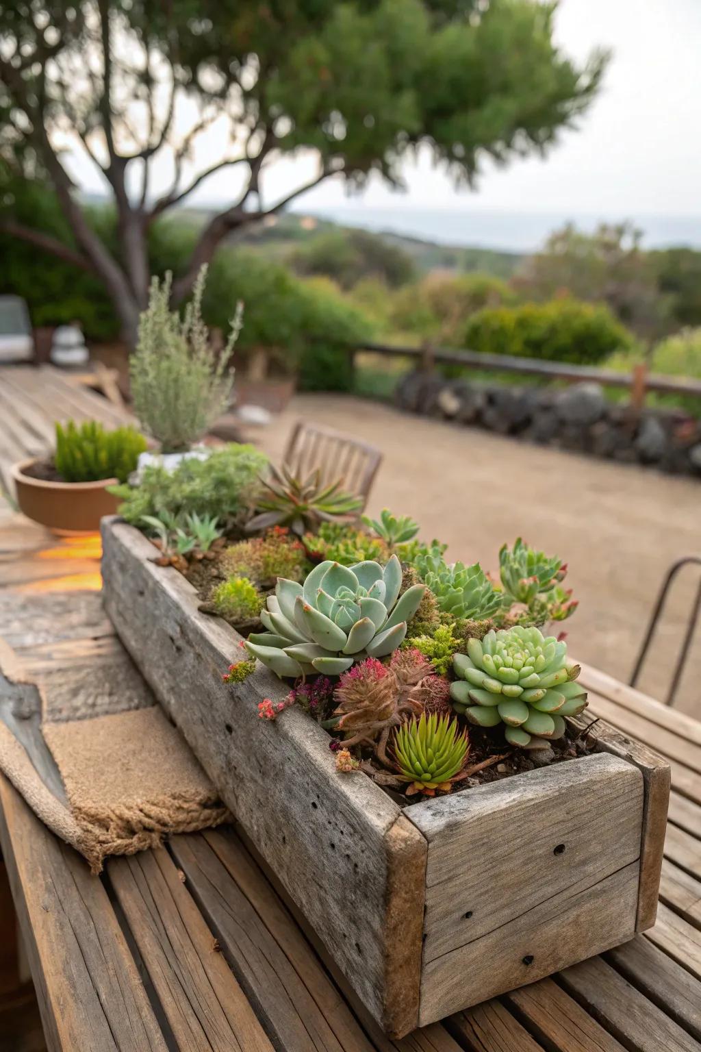 Timber containers impart a countryside allure to succulent exhibits.