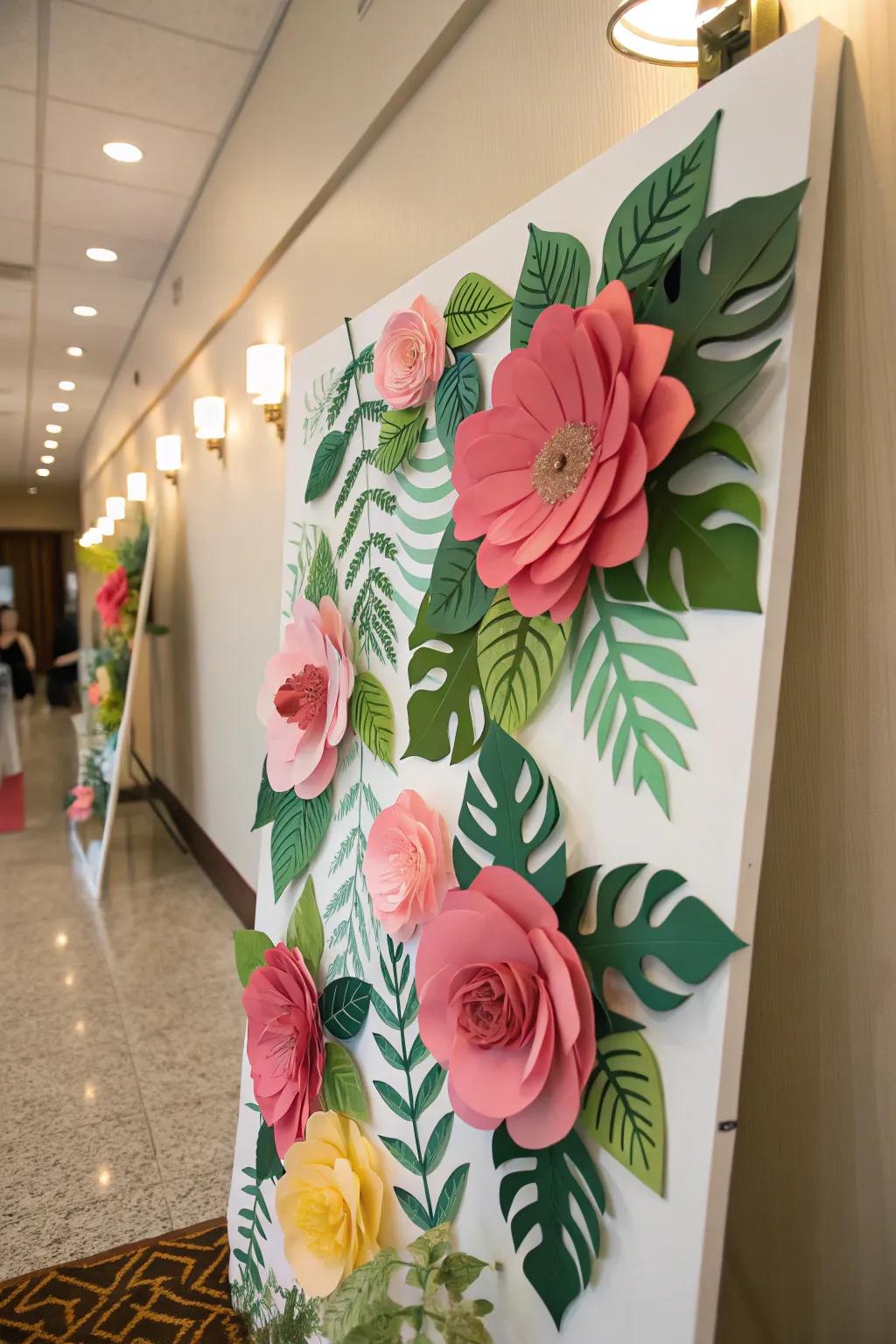 A panel richly adorned with large paper flowers and abundant green foliage.
