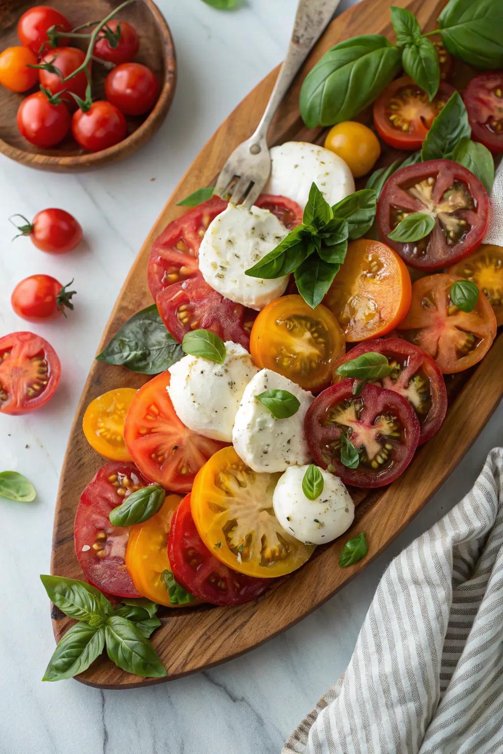 A radiant Caprese display brimming with summer's vibrant colors.