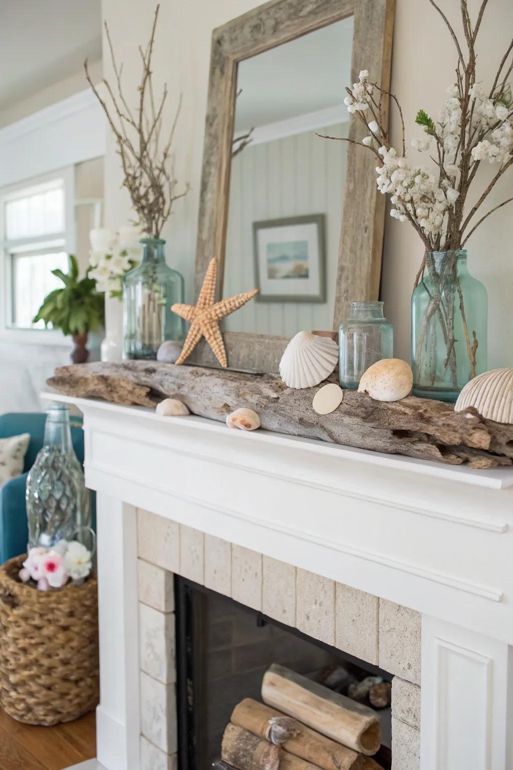 Cultivate a seaside-inspired atmosphere through the strategic placement of marine shells and petrified timber upon your mantel.