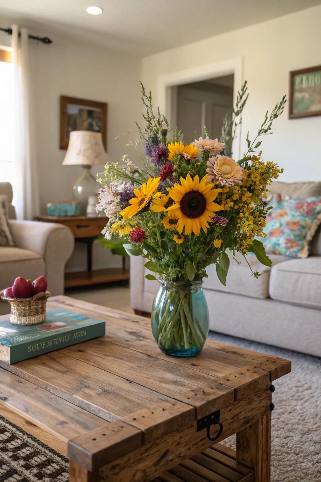 Invite the meadow inside with sunflowers and wildflowers in unison.