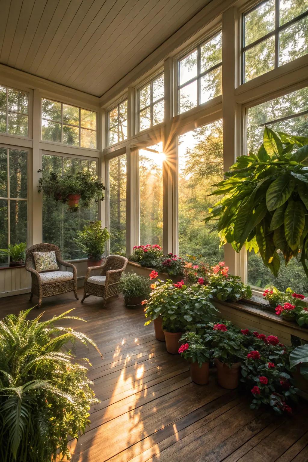 Abundant plants bring the outdoors inside, enhancing the sunroom's organic feel.