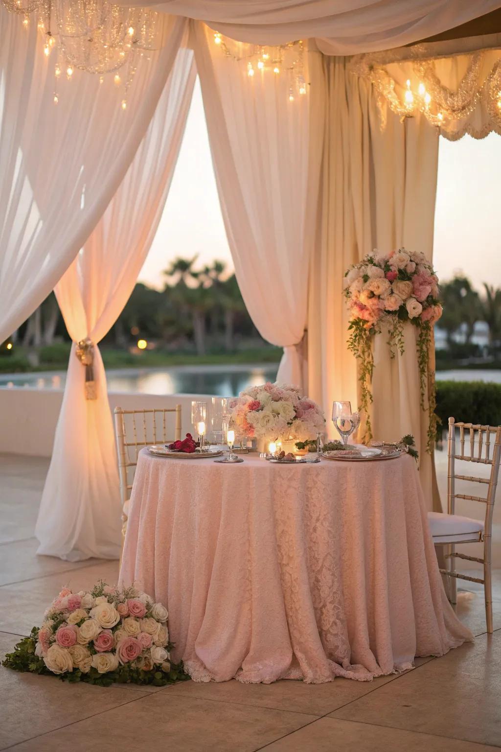 A romantic sweetheart table adorned with sophisticated draping and delicate textiles.