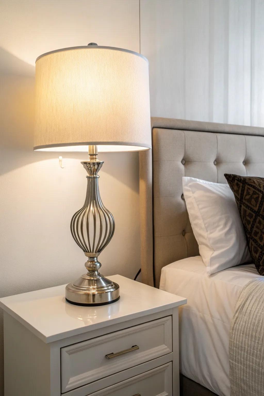 A streamlined modern table lamp enhances a bedroom with minimalist elegance.