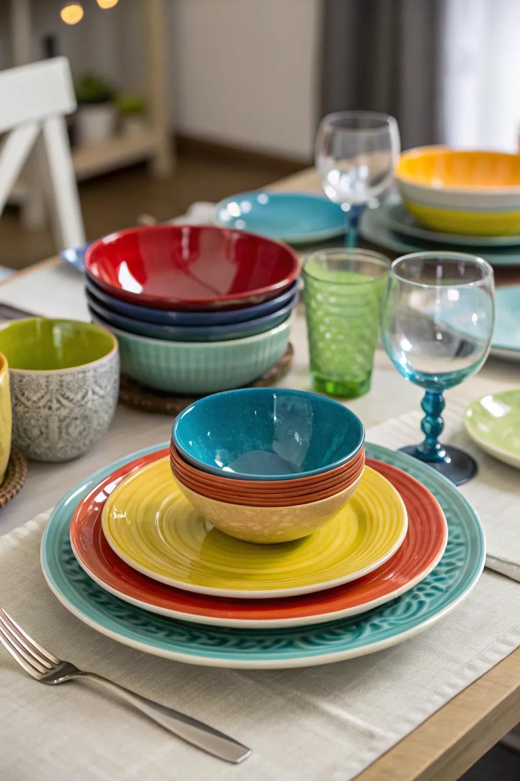 Tiered dishes craft a distinguished and vigorous table display.