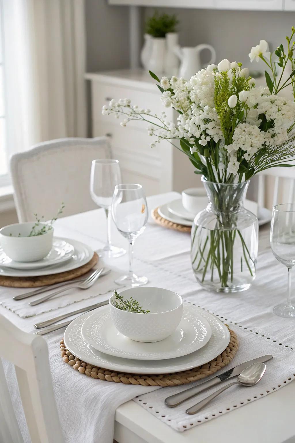 A tranquil table arrangement featuring a monochromatic white color scheme.