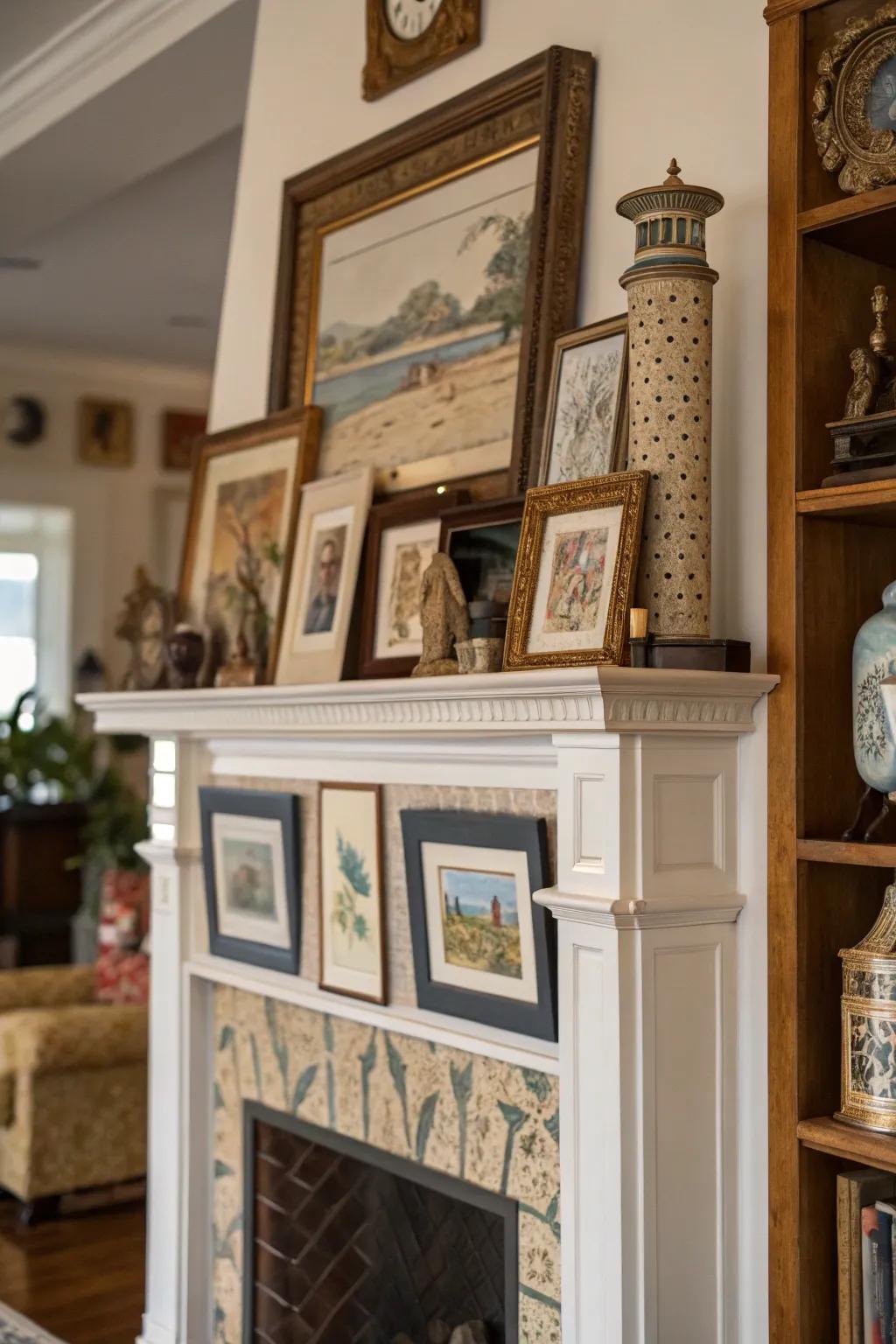 An elevated mantel featuring layered artworks, engendering a visually engaging presentation.