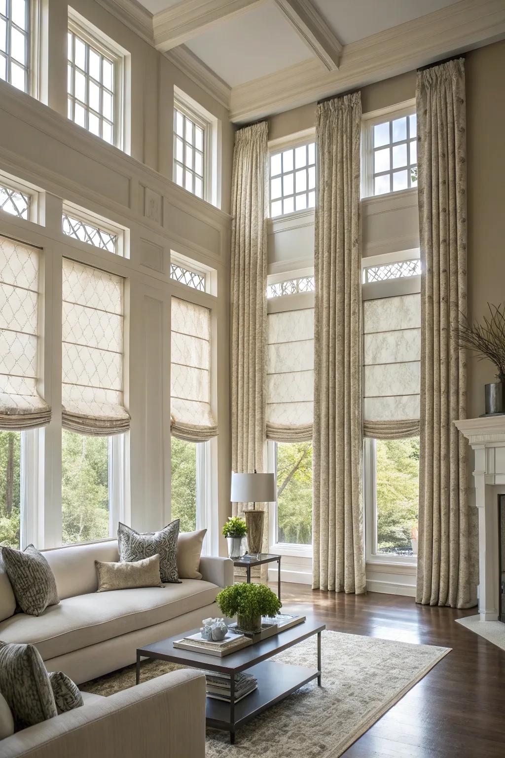 Folded awnings imbue towering windows with a sense of sophistication.