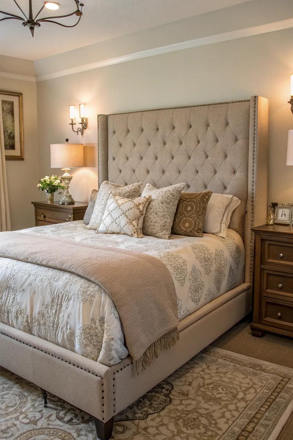A majestic greige padded headboard as the bedroom's centerpiece.