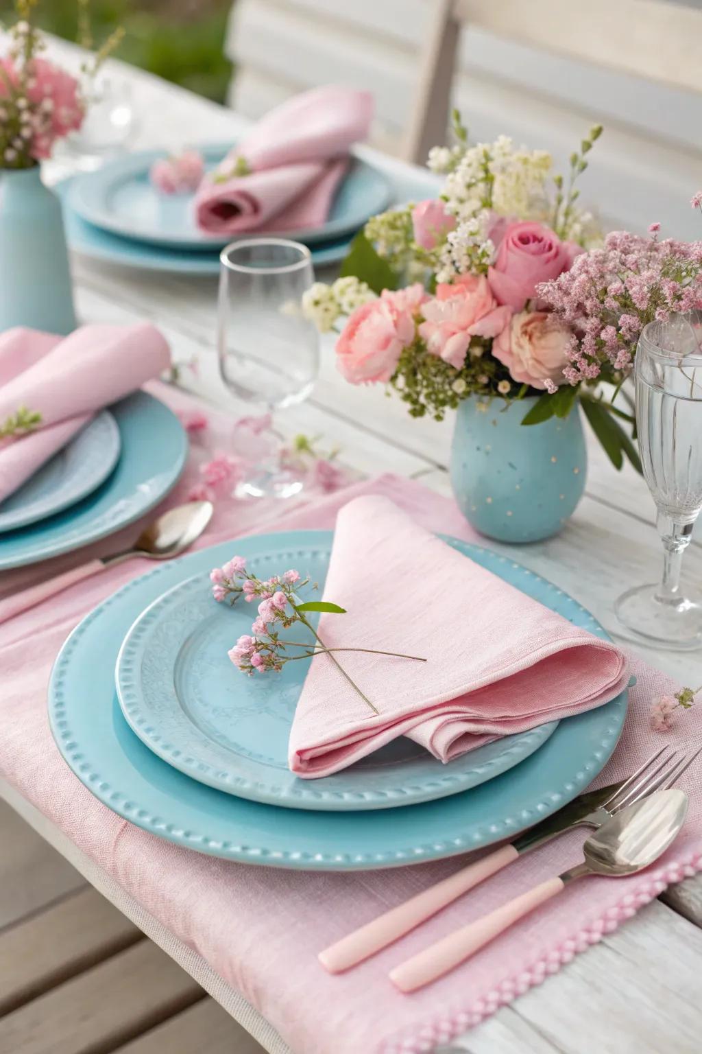 A pastel-inspired tablescape featuring gentle pinks and blues.