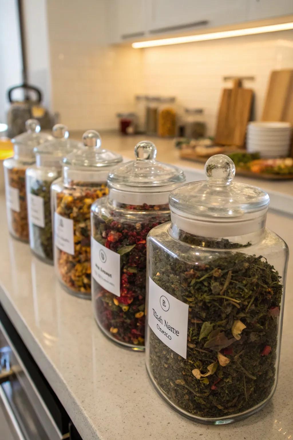 Glass receptacles brimming with vibrantly hued unbagged teas.