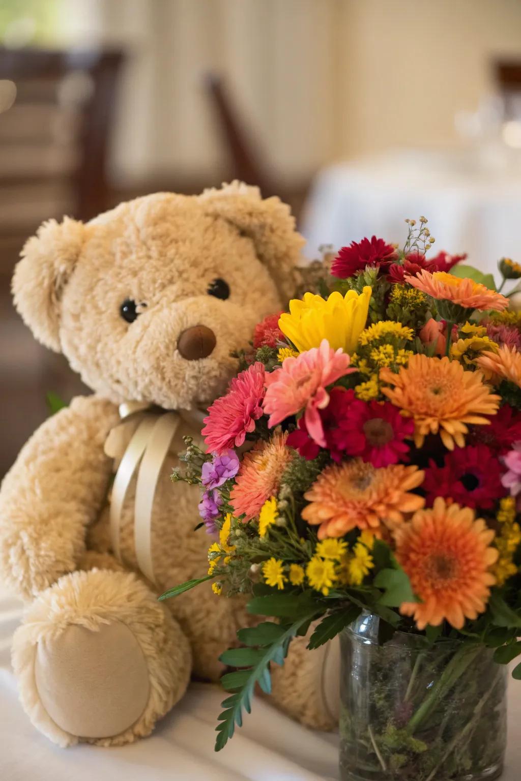 Floral accents enhance the elegance of a stuffed bear centerpiece.