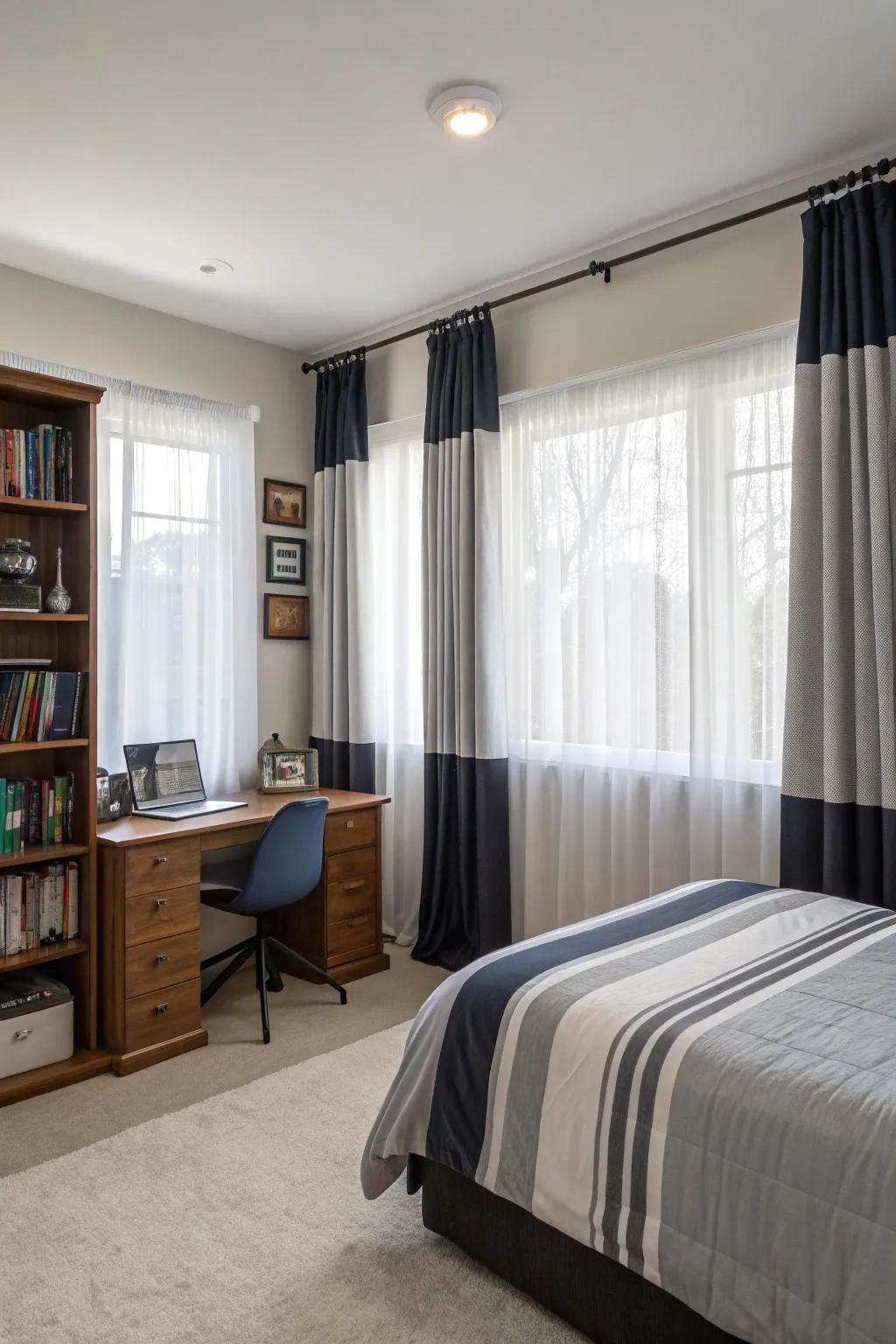 Tiered curtains enable varied lighting and privacy settings.