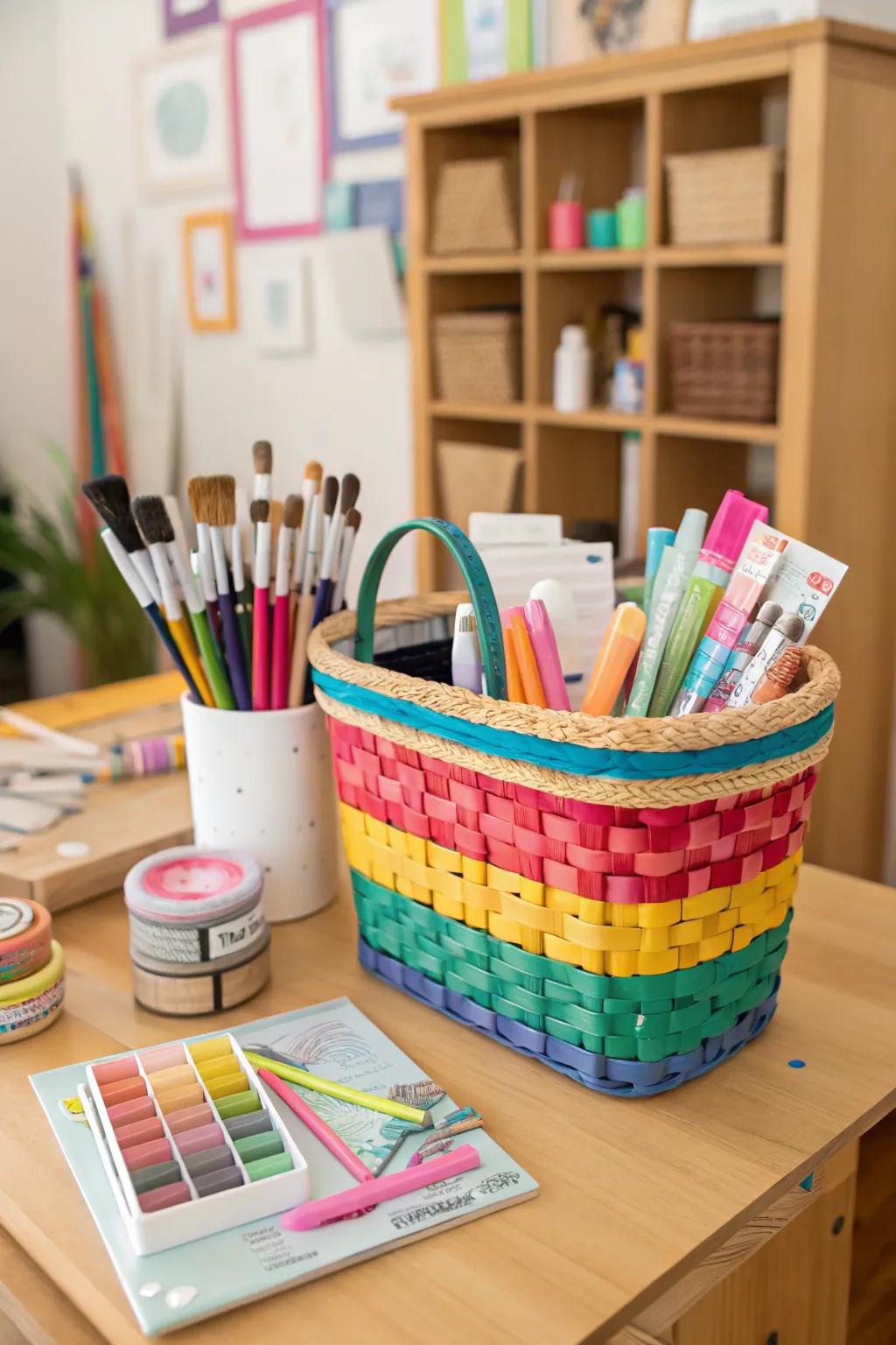 Foster creativity with a basket abundant in artistic instruments.