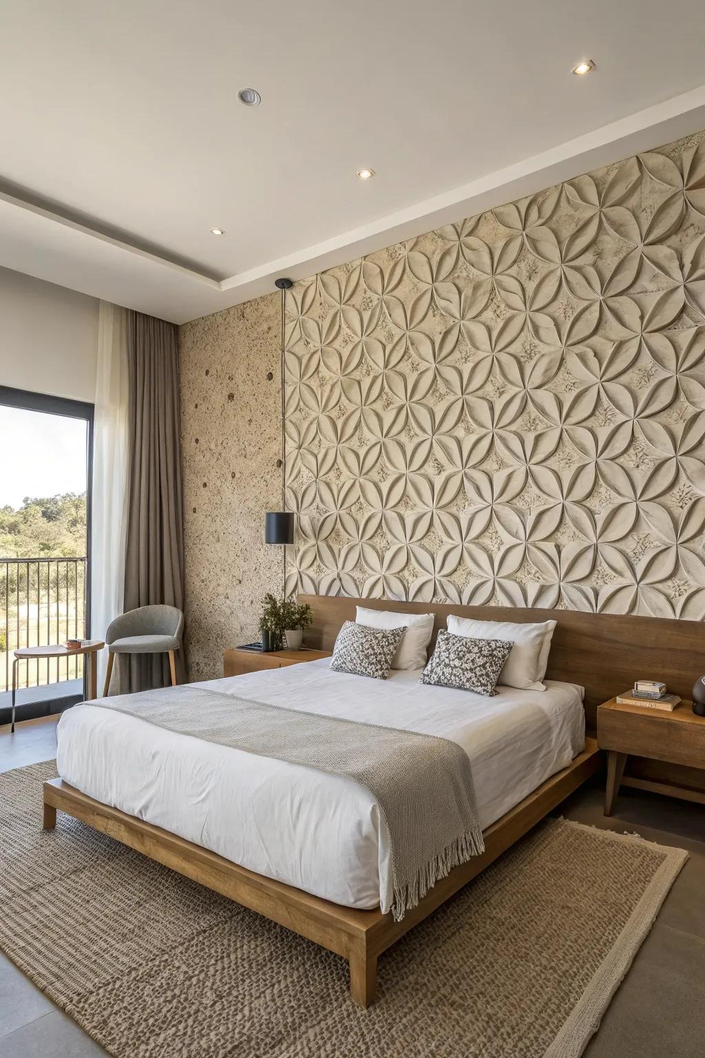 A master bedroom showcasing a striking textured feature wall.