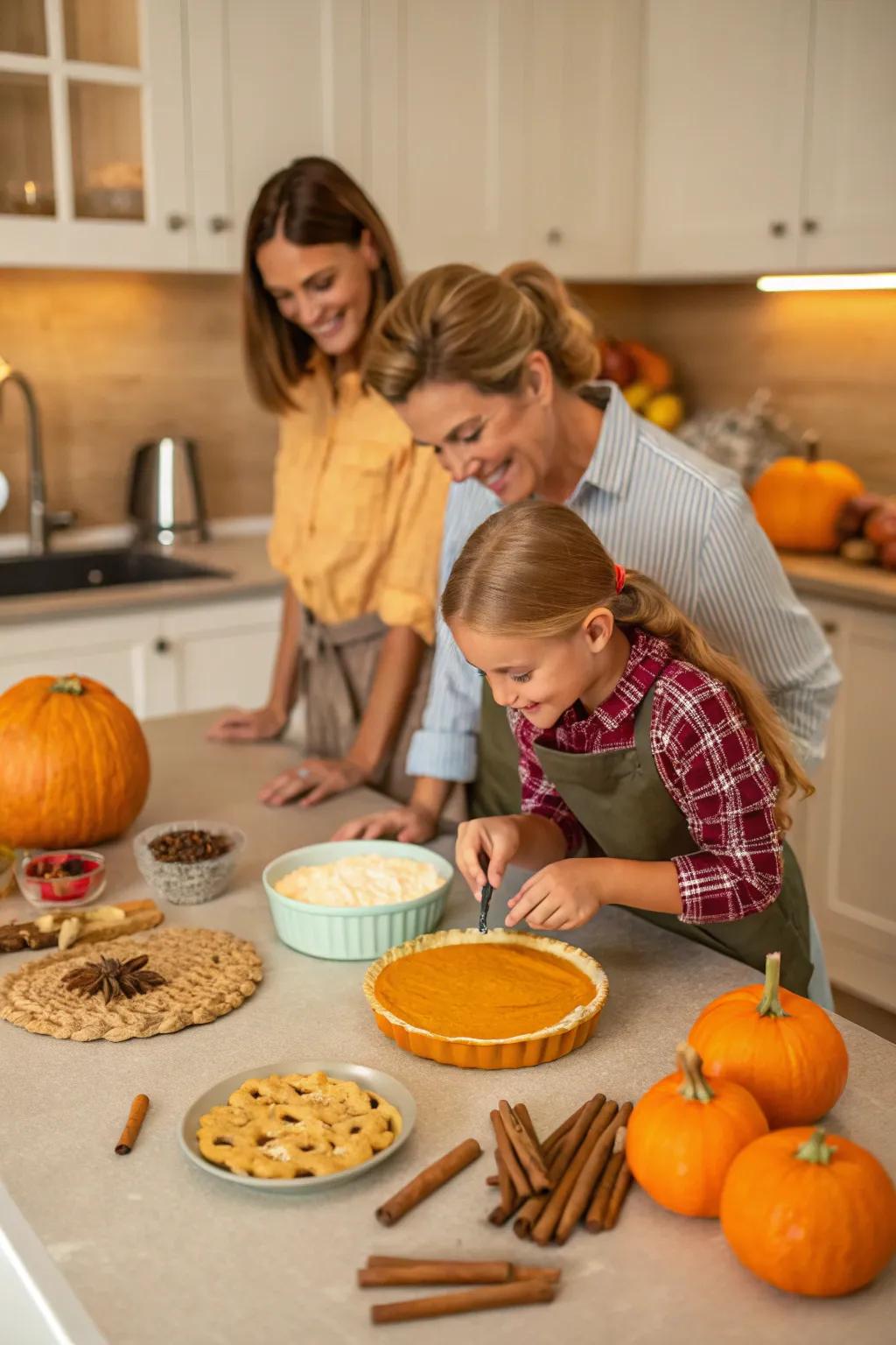 A family cooperatively baking Thanksgiving sweets, encompassed by seasonal provisions.