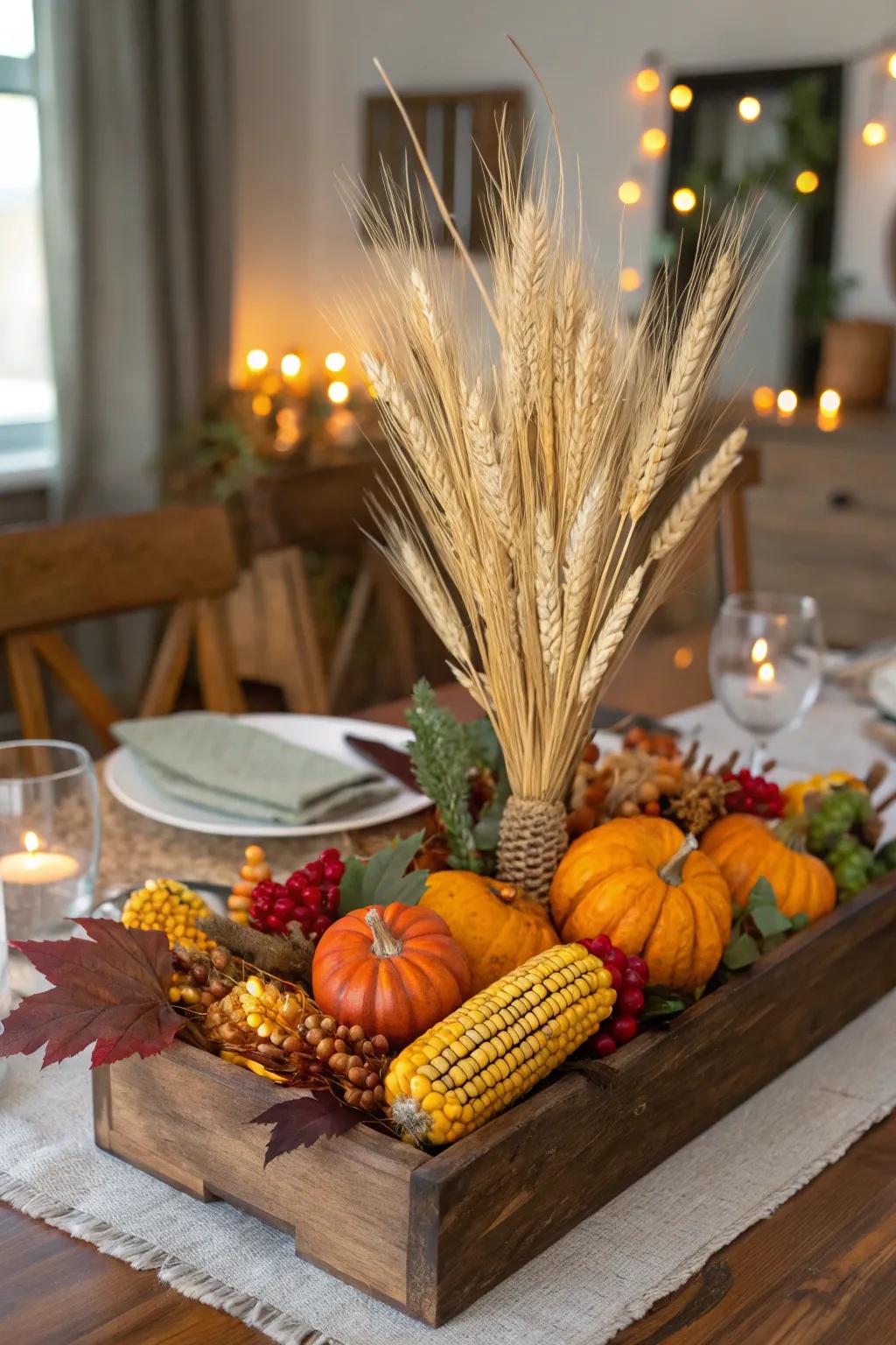 A classic autumnal concept showcasing cereal stalks, maize, and squash.