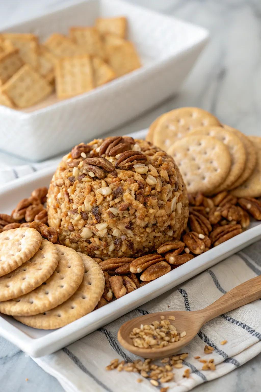 A pecan-coated cheese ball ready for enjoyment.