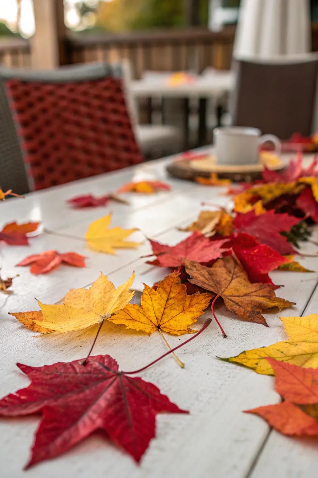 Glowing autumnal leaves are exquisitely arranged across a surface.