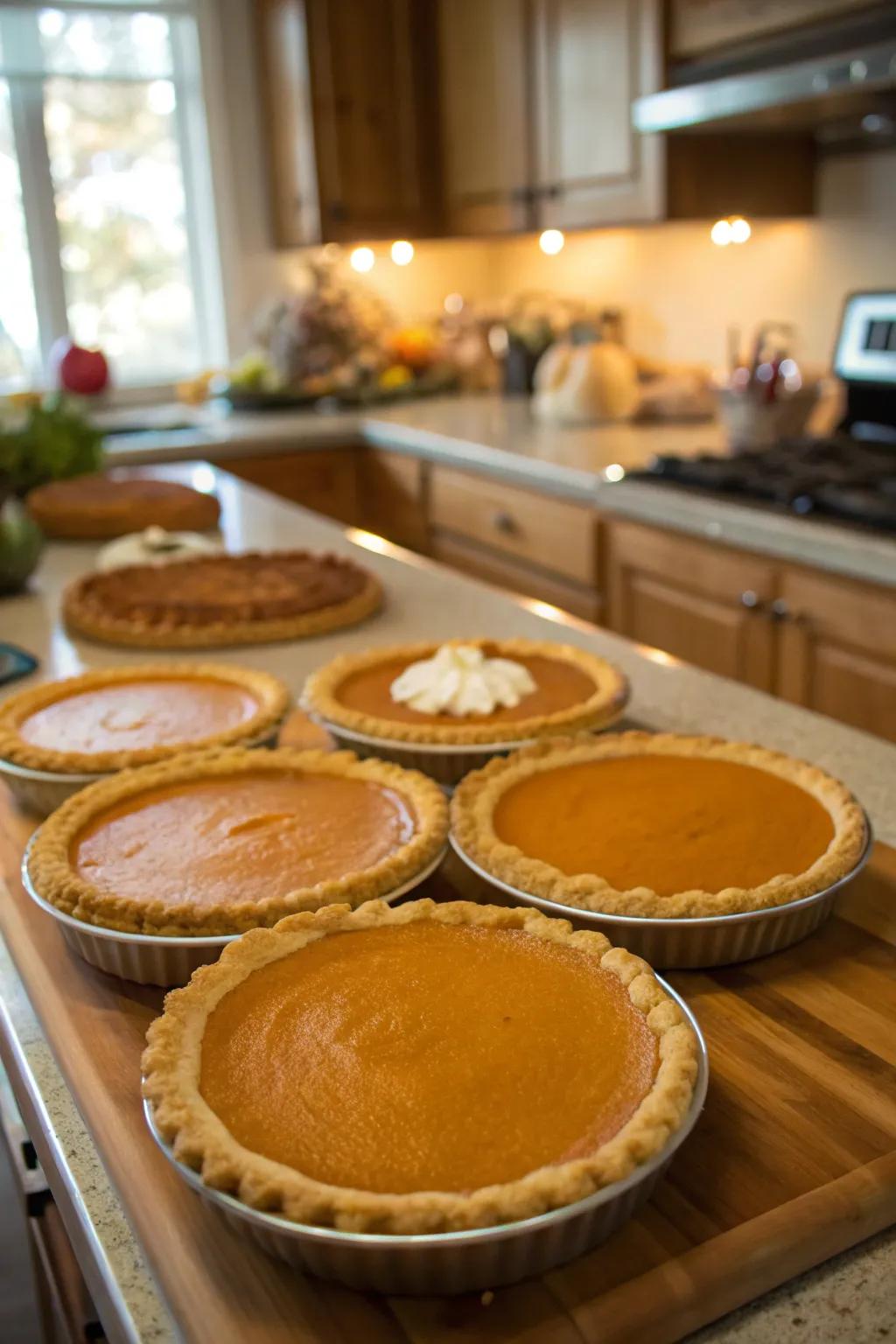 An exquisite assortment of pumpkin pies awaiting evaluation.