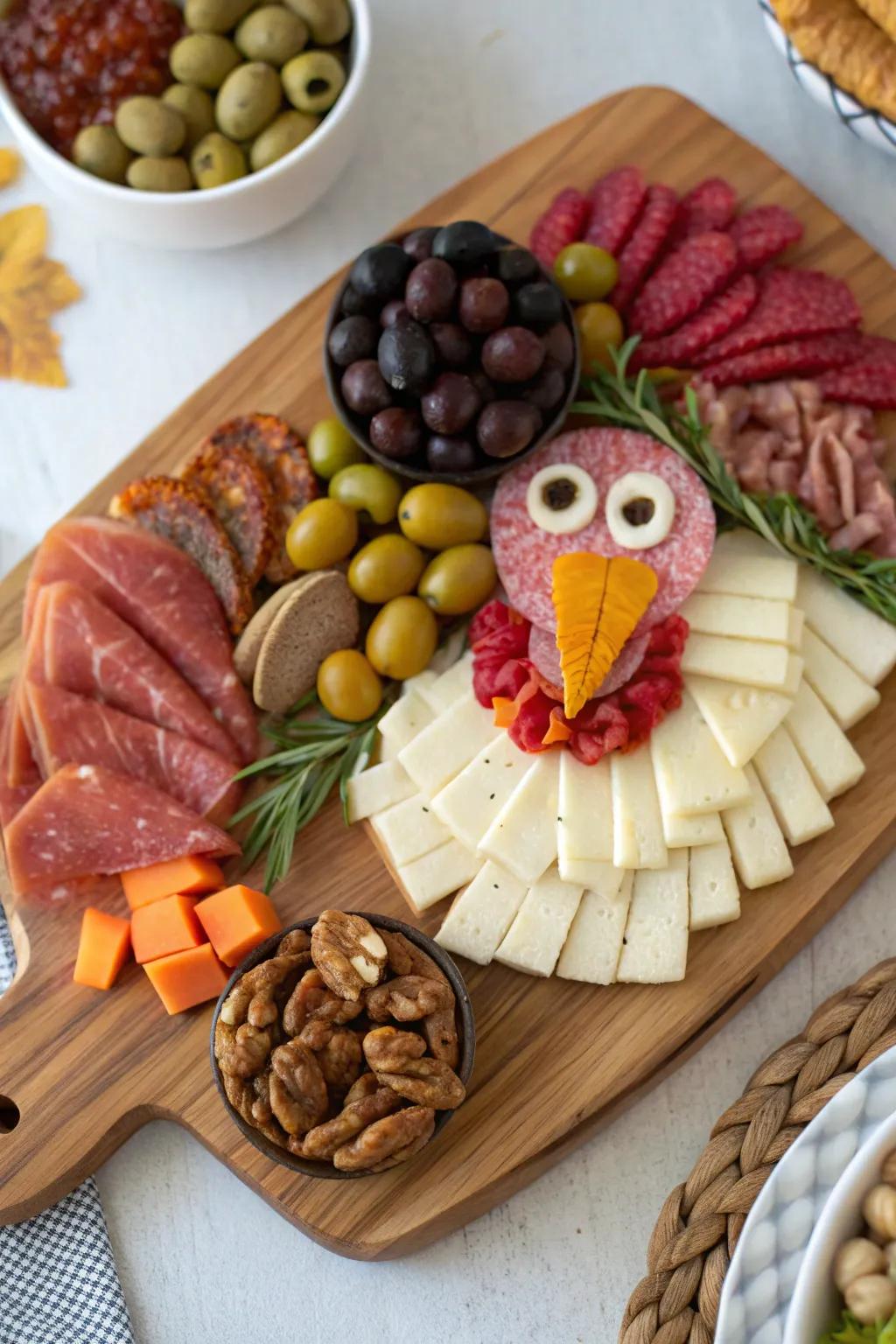 A classic turkey-shaped charcuterie display for those who love meat.