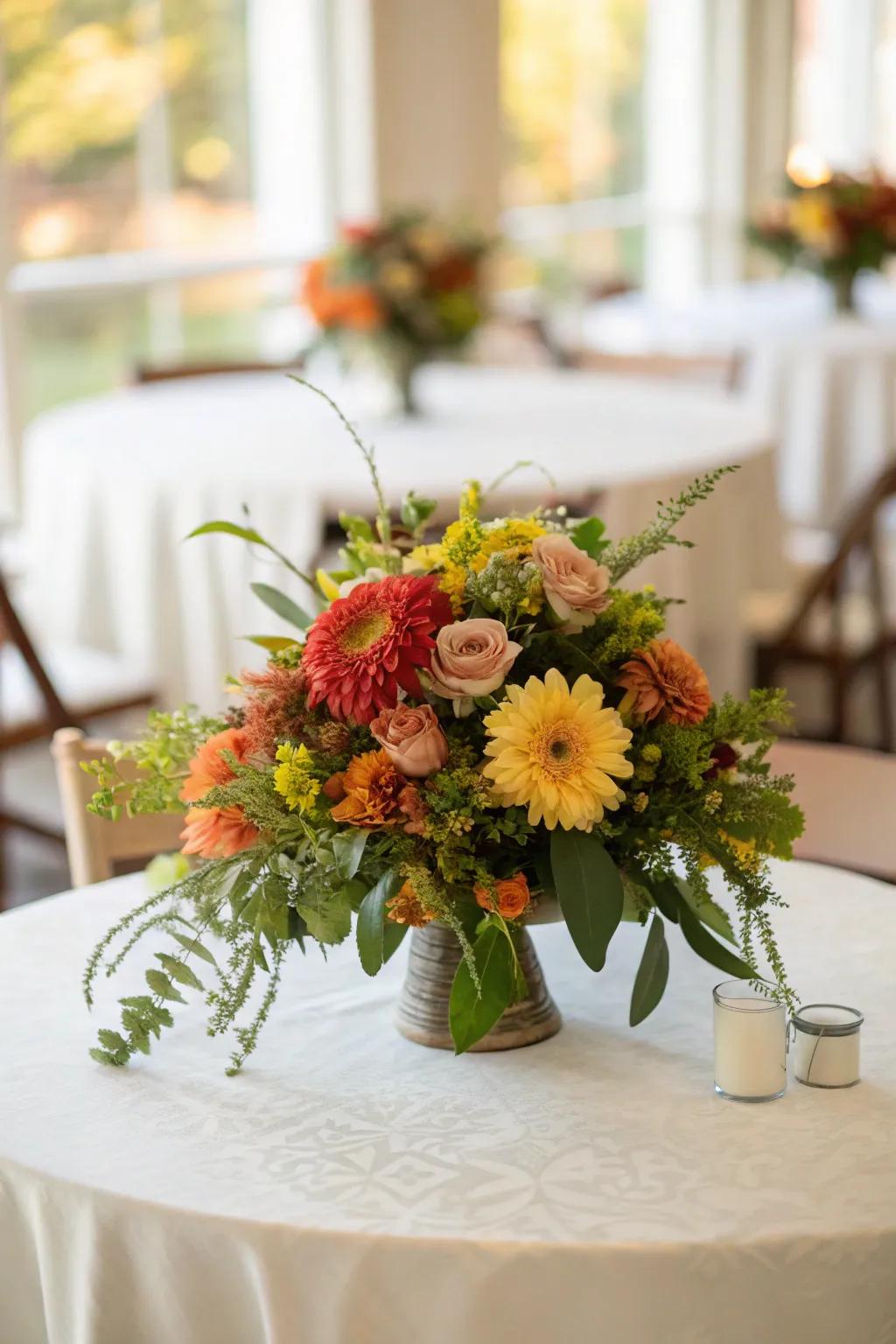 Vibrant seasonal blossoms brighten the Thanksgiving setting.