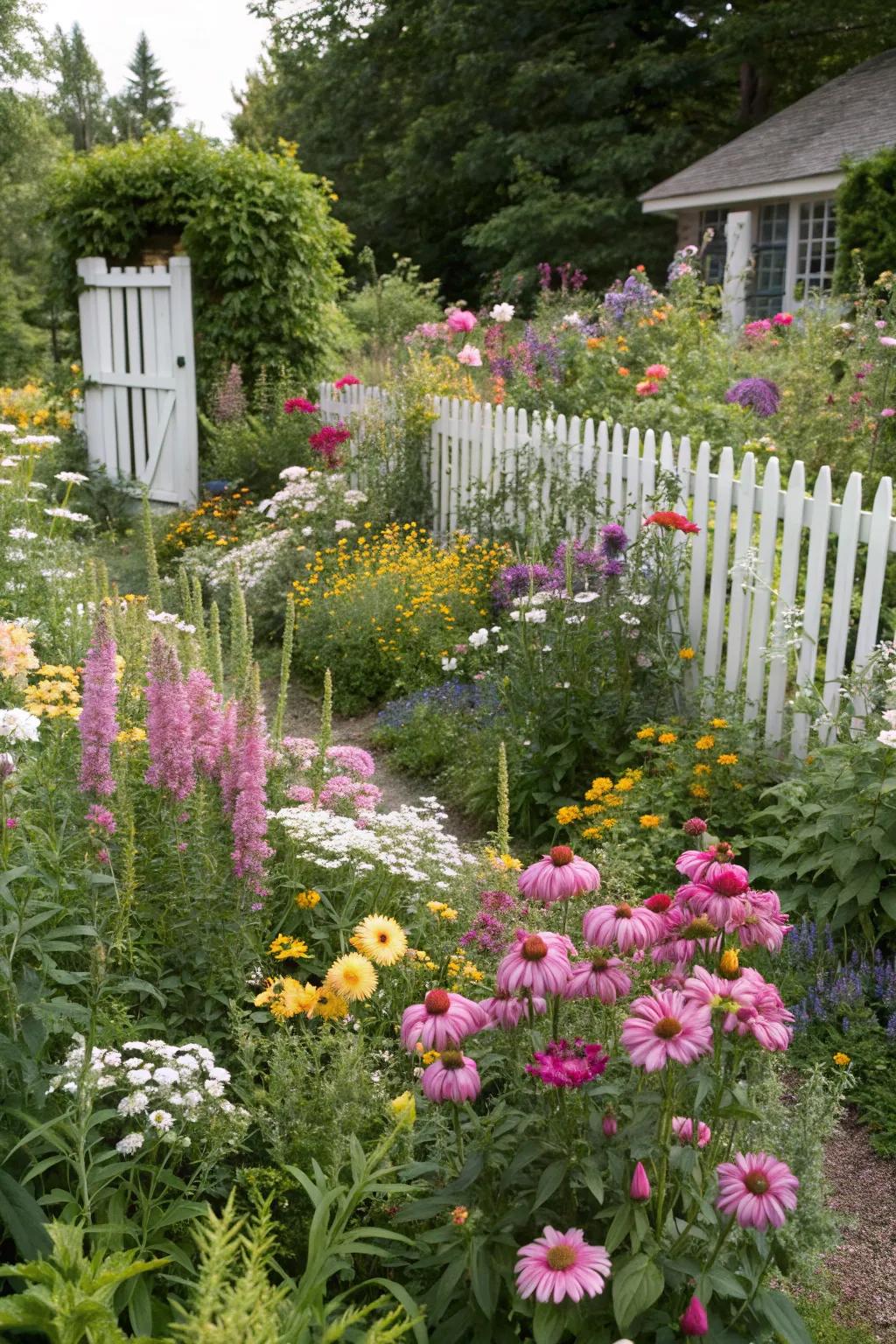 An attractive cottage garden overflowing with lively flowers.