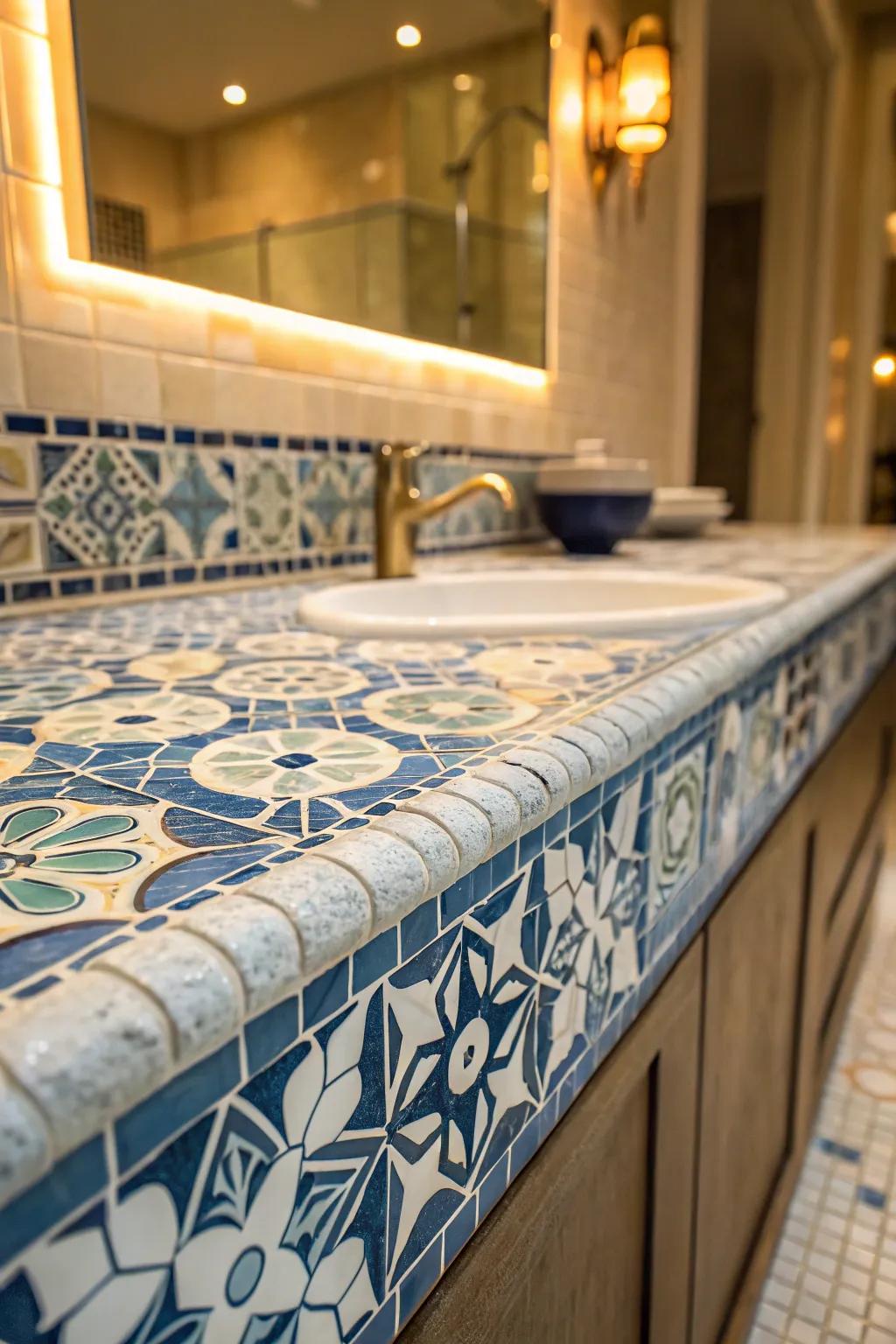 Mosaic tiles establish an artistic center of attention.