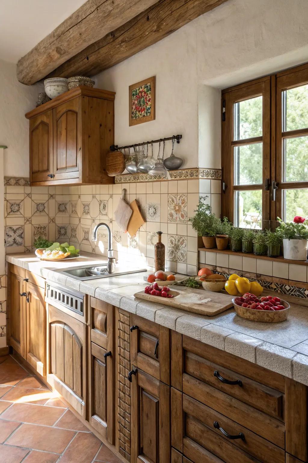 Traditional tiling introduces warmth and individuality to this welcoming cooking space.