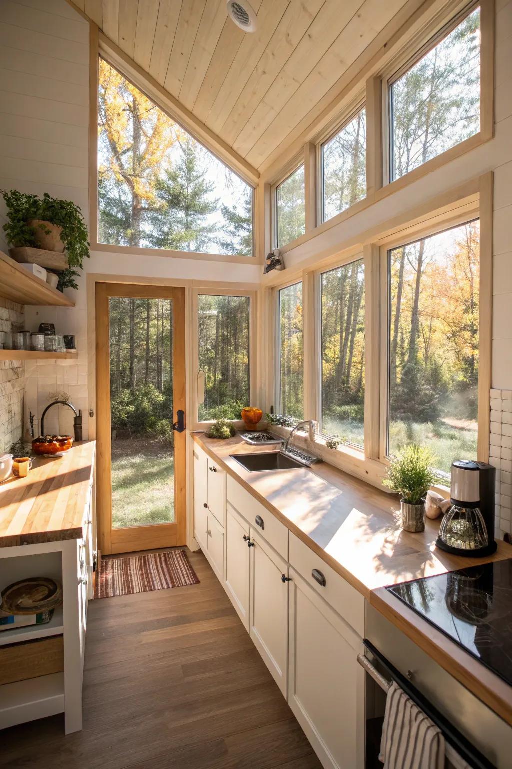 Light transforms a compact kitchen into a captivating sanctuary.