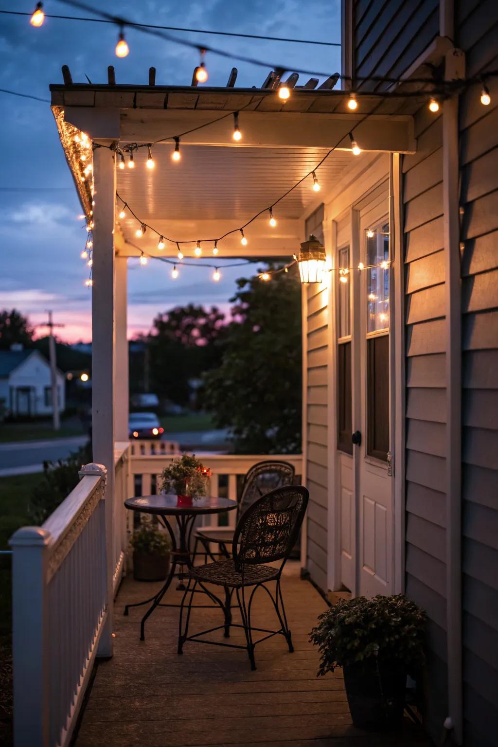 The enchantment of strand lights on a small veranda.