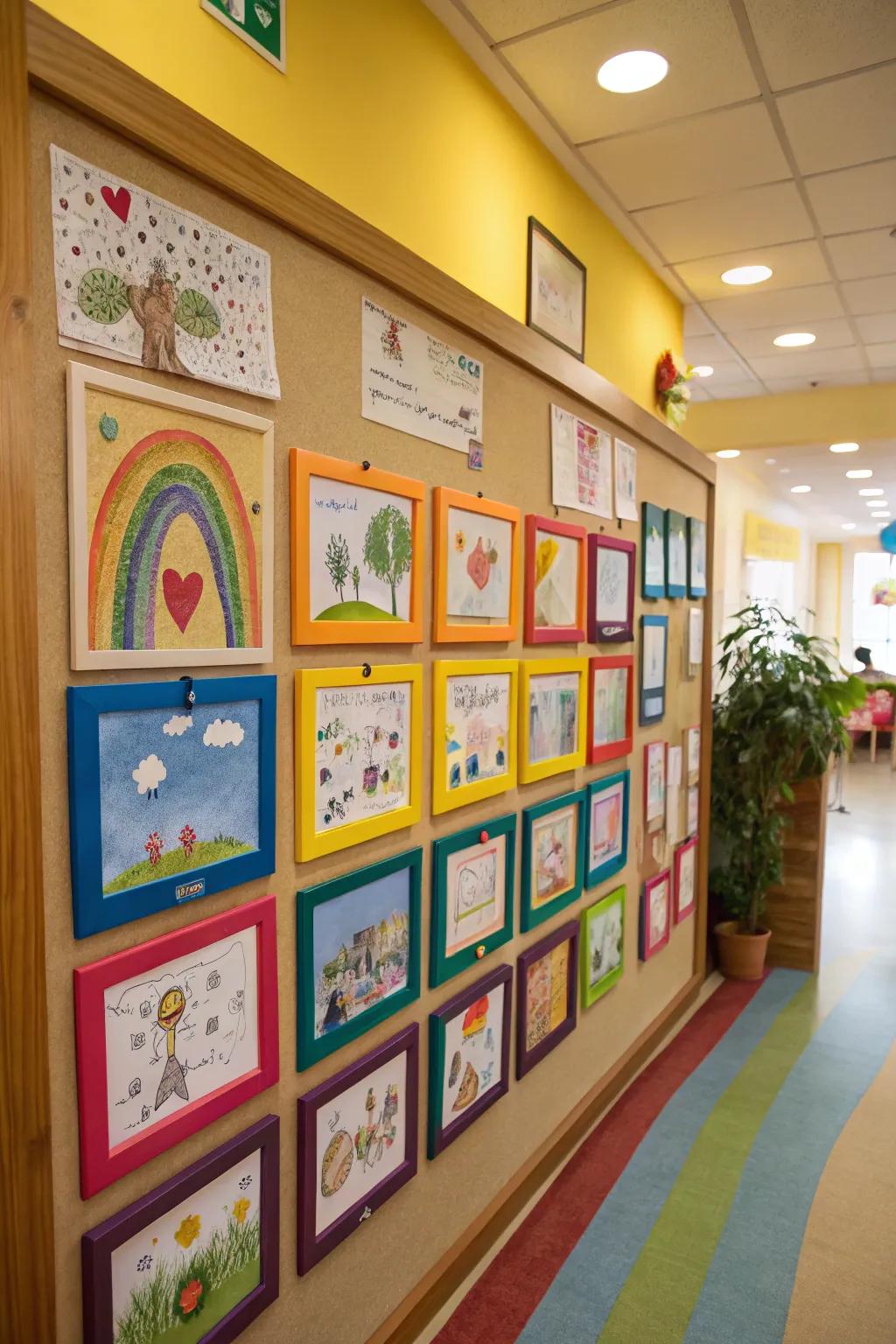 An activity board displaying a miniature art presentation featuring children’s artwork.