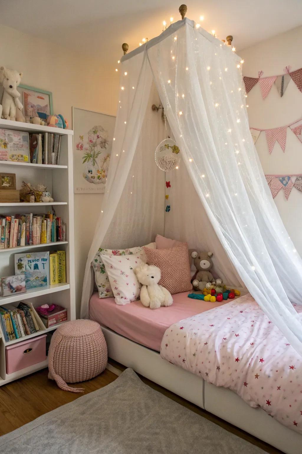 An enchanting drape above the bed crafts a magical sanctuary.