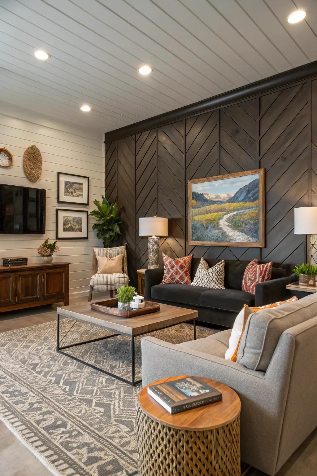 An impactful accent wall crafted from interlocking plank panels improves this living space.