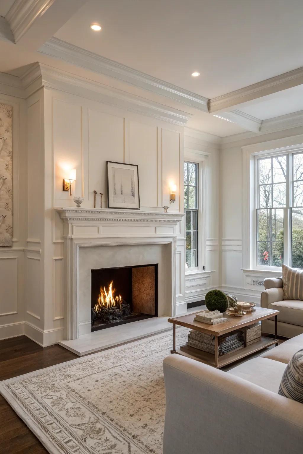 A fireplace painted in harmony with the room's partitions.