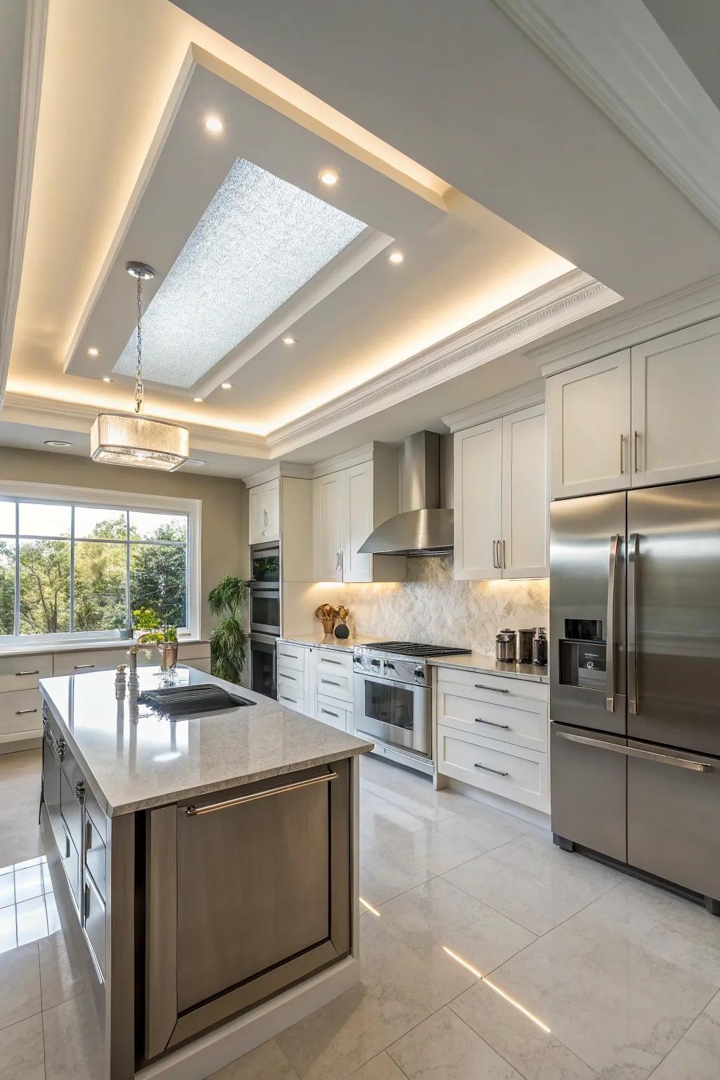 A contemporary kitchen exhibits a chic tray ceiling.