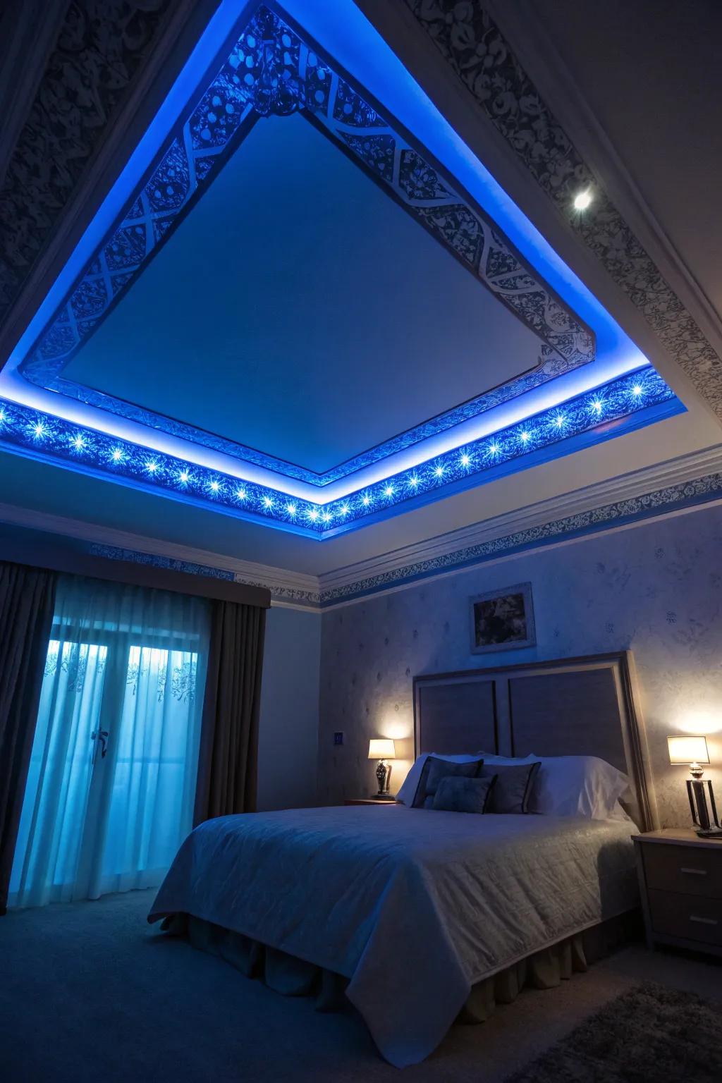 A bedroom featuring blue illumination diode strip lighting for a modern ambiance.