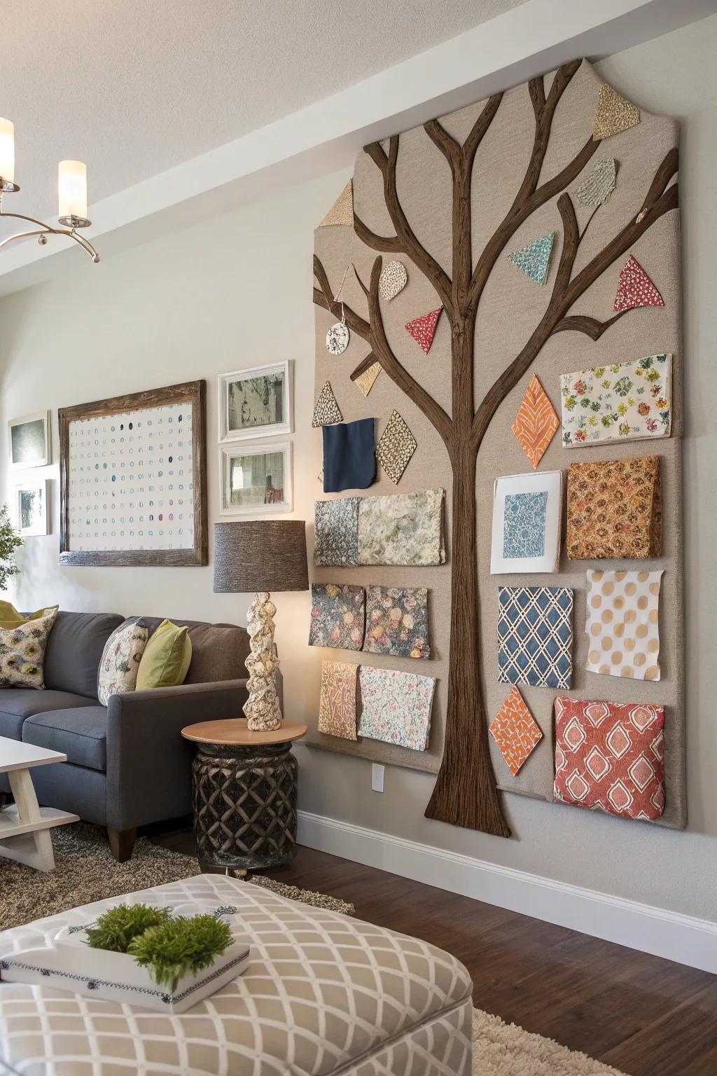 A three-dimensional textured tree bulletin board utilizing fabric materials.