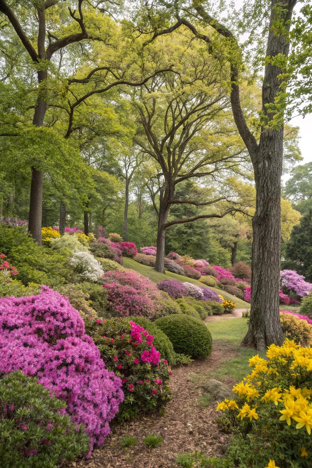 Infuse color and texture by blending trees with flowering vegetation.
