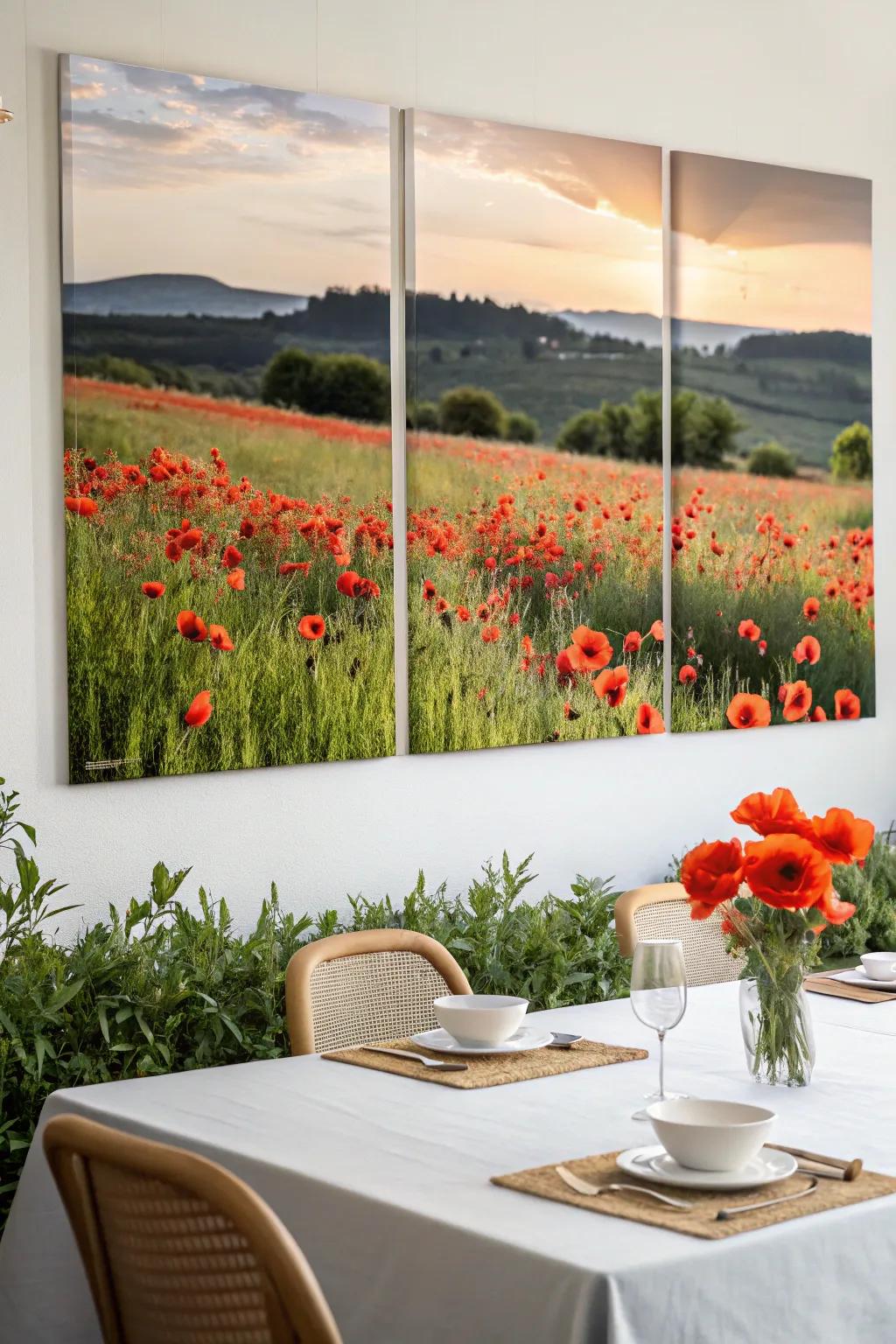 A poppy field displayed as a captivating triptych.