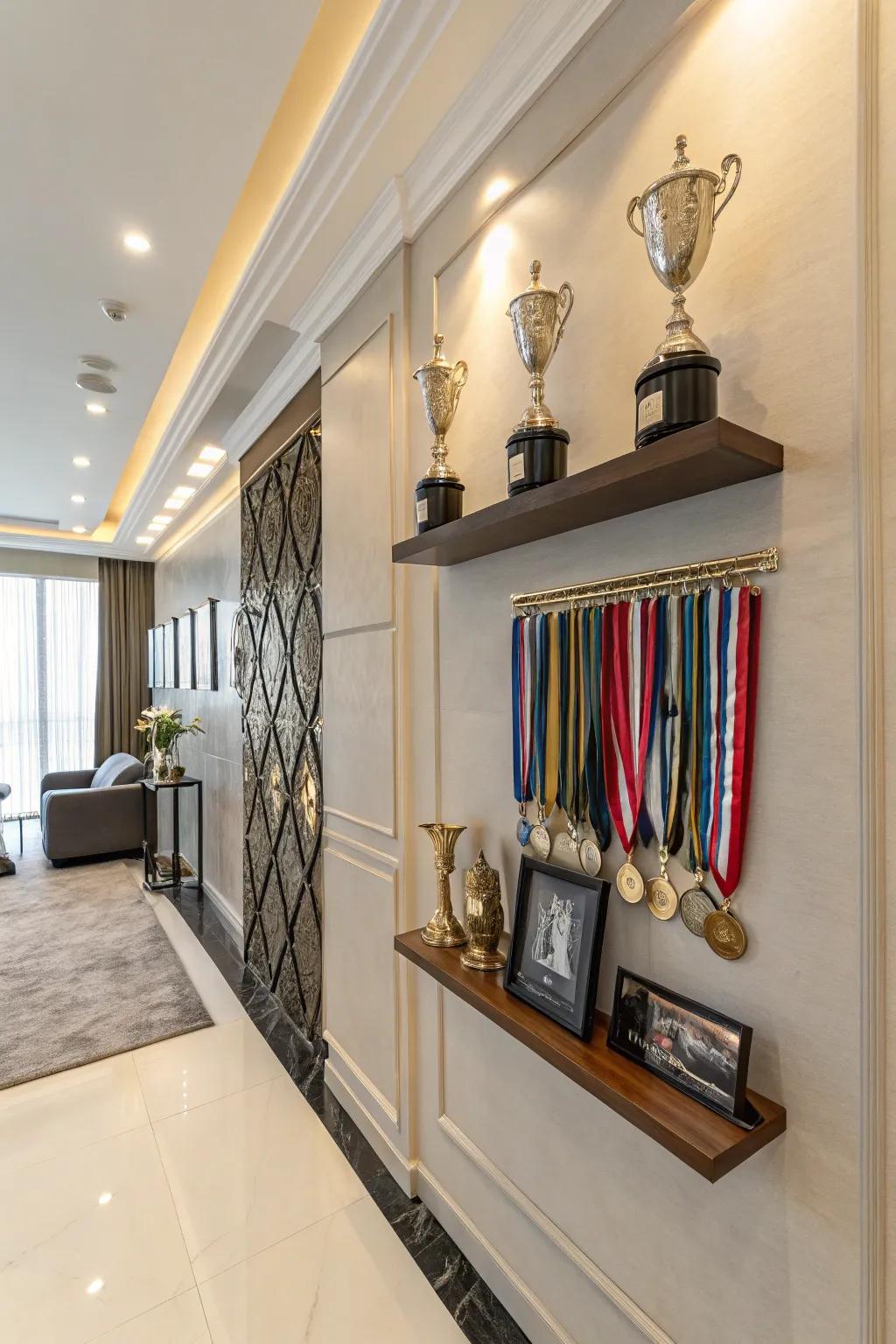 Medal display arranged under trophy shelves