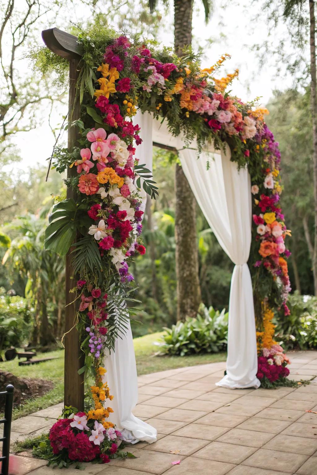An awe-inspiring arch brimming with vibrant rainforest blooms.