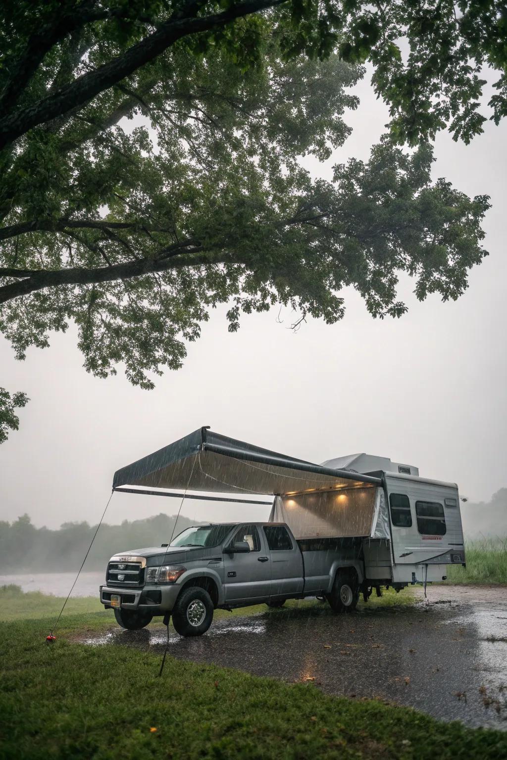 A weather-resistant awning offering shelter during a gentle rain.