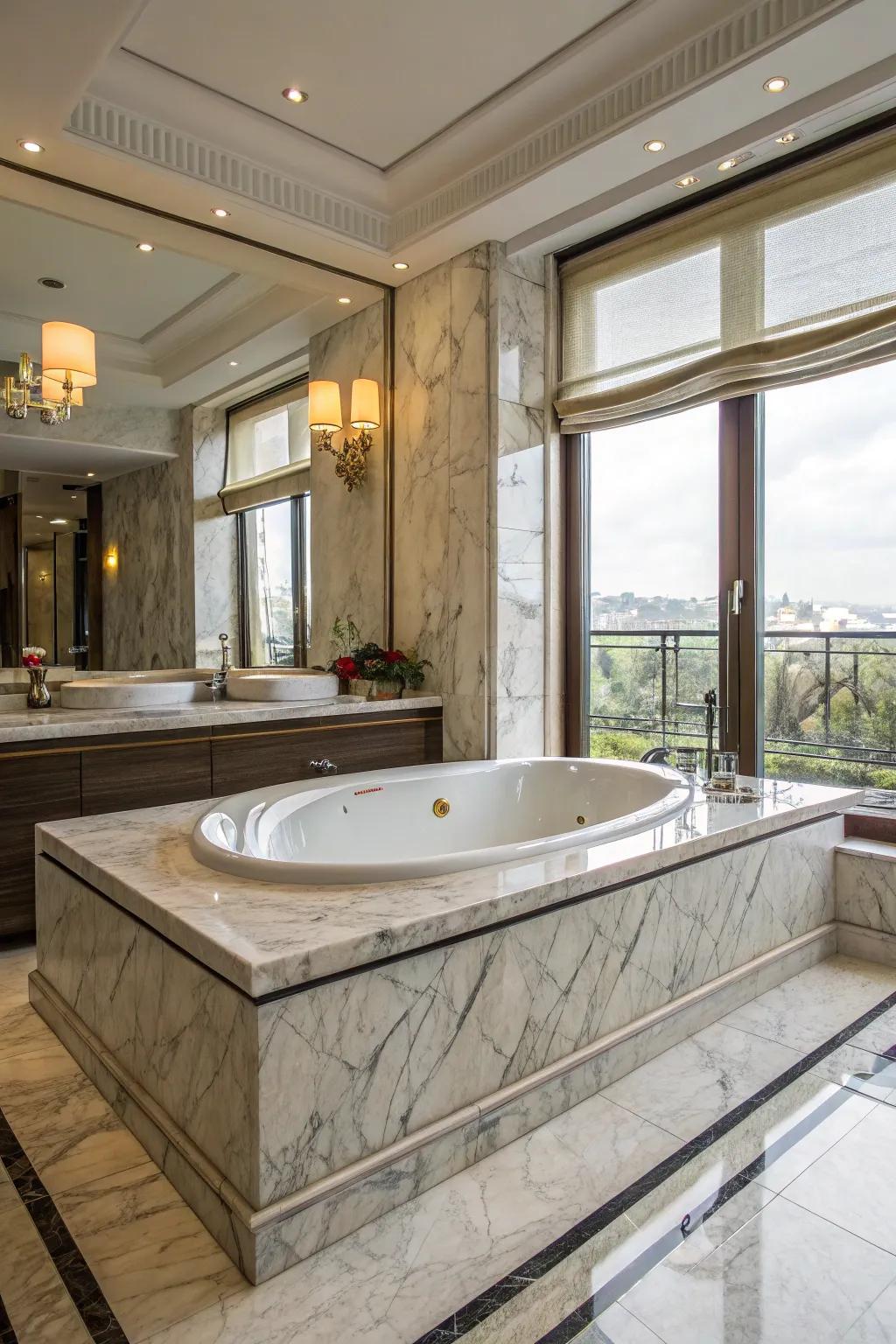 A tub surround featuring lavish stone finishes that elevate the space.