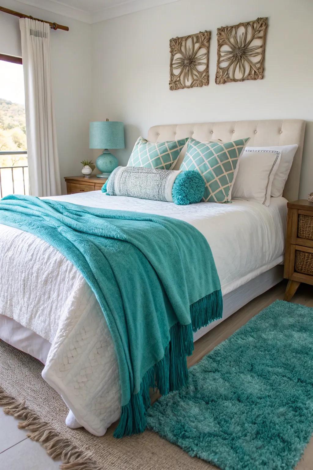 Turquoise textiles enhance the allure and warmth of this captivating bedroom design.