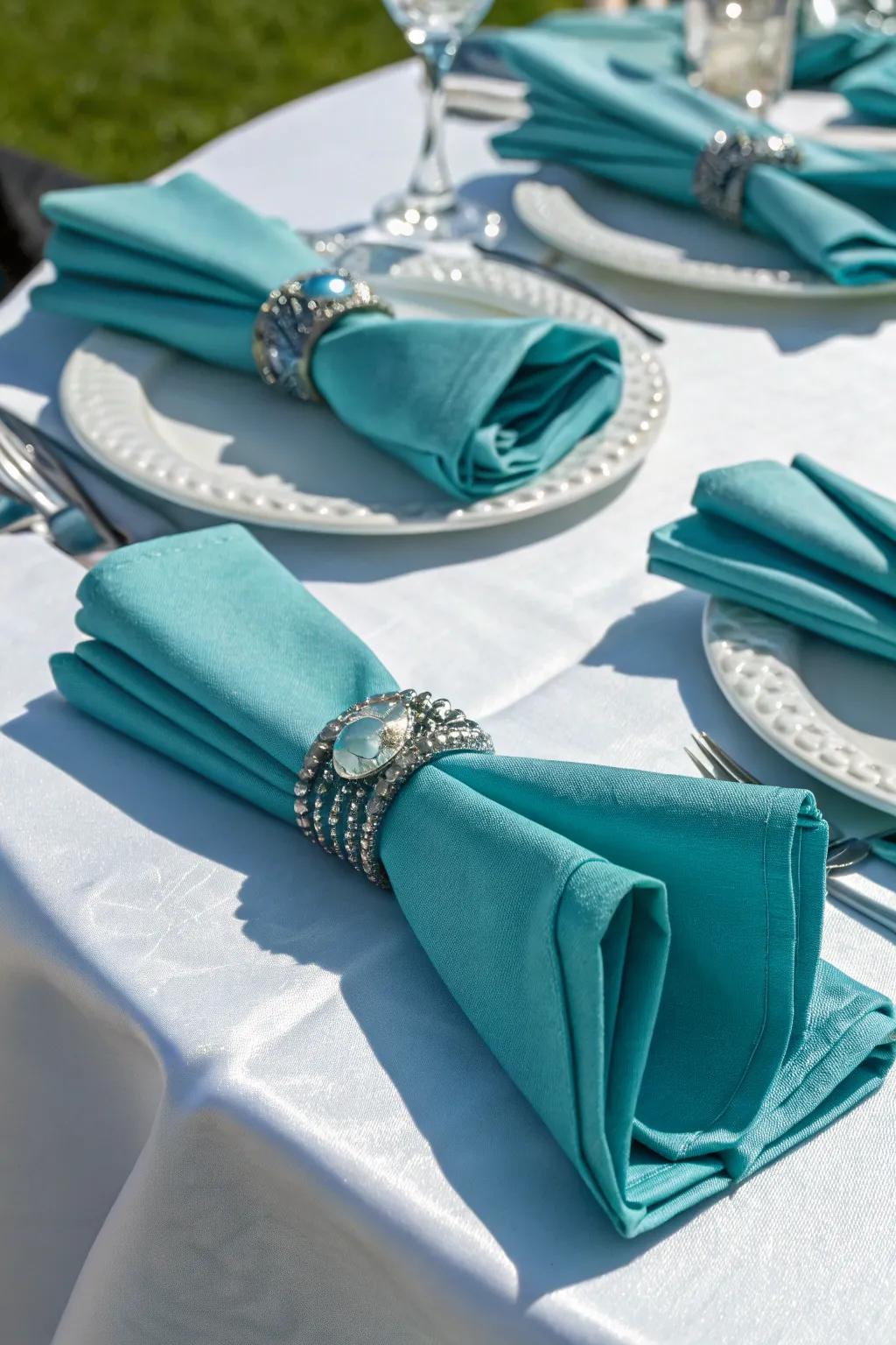 Azure napkins accompanied by ornamental clasps inject refinement and panache.