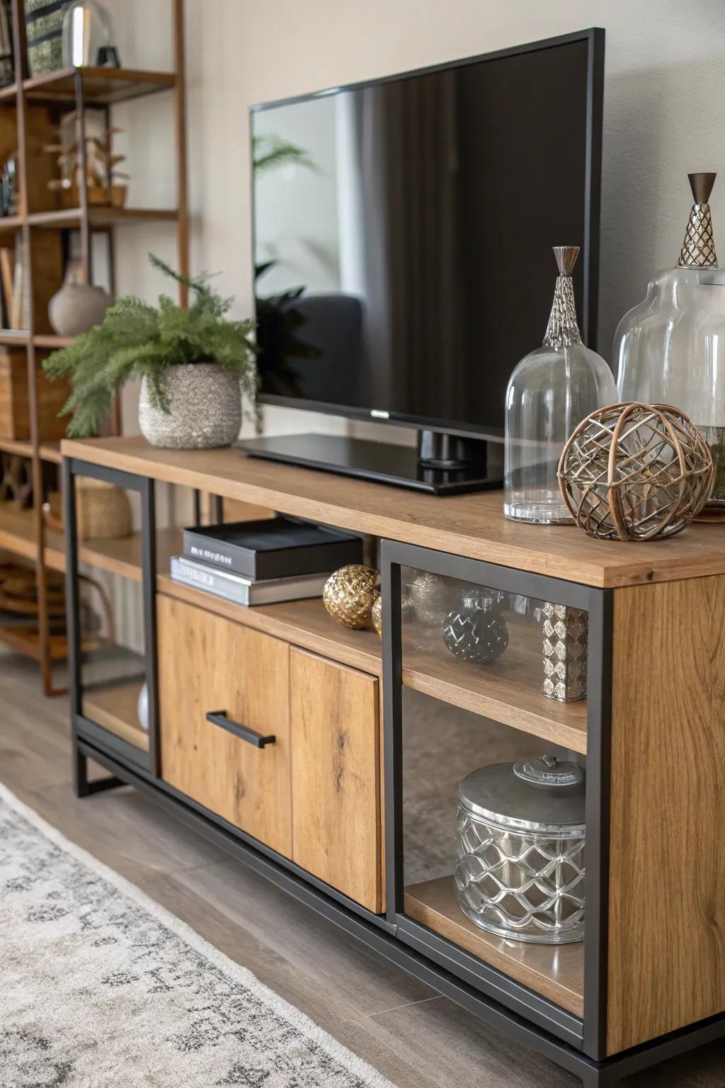 Varied materials, including timber, steel, and crystal, adorning a media console.